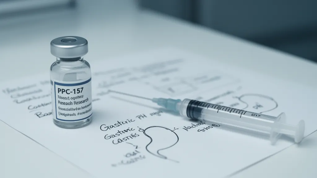 Laboratory macro image of a BPC-157 vial beside gastric-pH notes and a sterile syringe