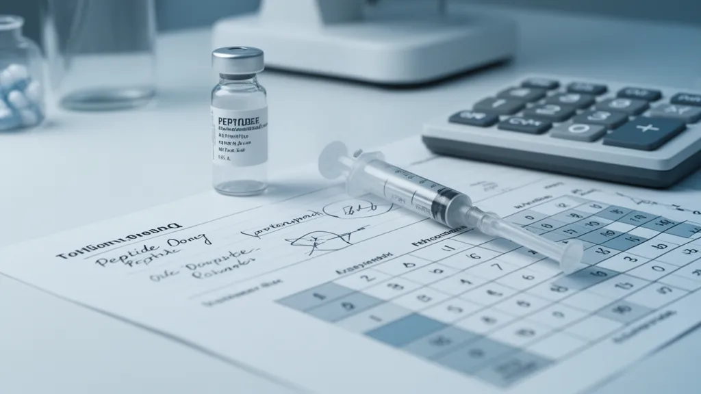 Clinical close-up of syringe markings, dosing notes, and a peptide vial on a white work surface