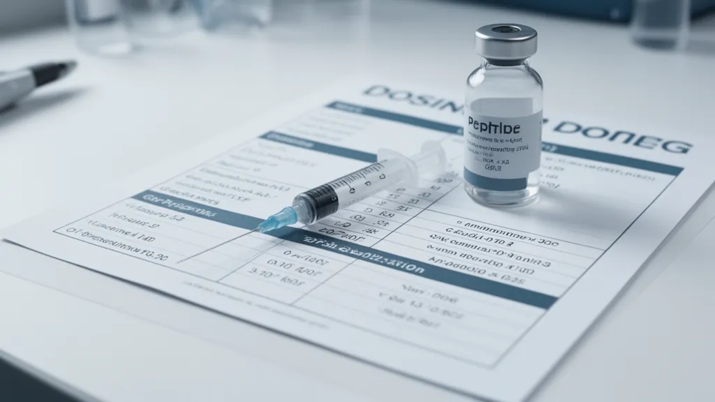 Printable peptide dosing cheat sheet beside a syringe and handwritten concentration notes