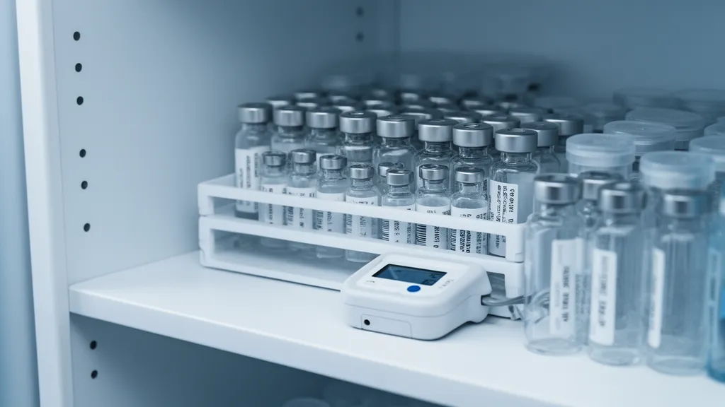 Temperature-controlled laboratory storage shelves holding labeled peptide vials
