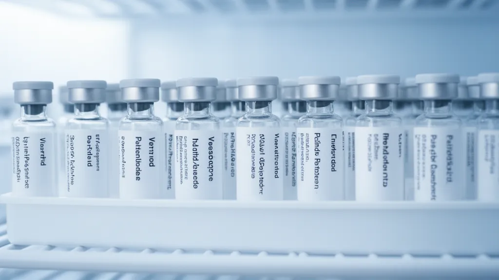 Organized peptide vials in a clean laboratory refrigerator with clear labeling