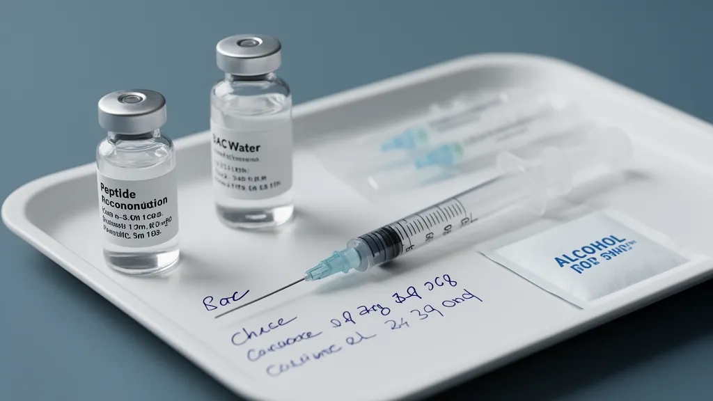 Sterile reconstitution setup with peptide vial, syringe, and solvent vial on a white laboratory tray