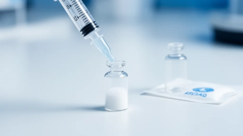 Clinical macro image of a syringe reconstituting a peptide vial on a clean laboratory surface