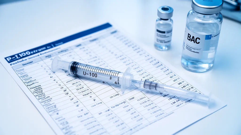 Printable peptide syringe dosing chart laid out beside a U-100 insulin syringe